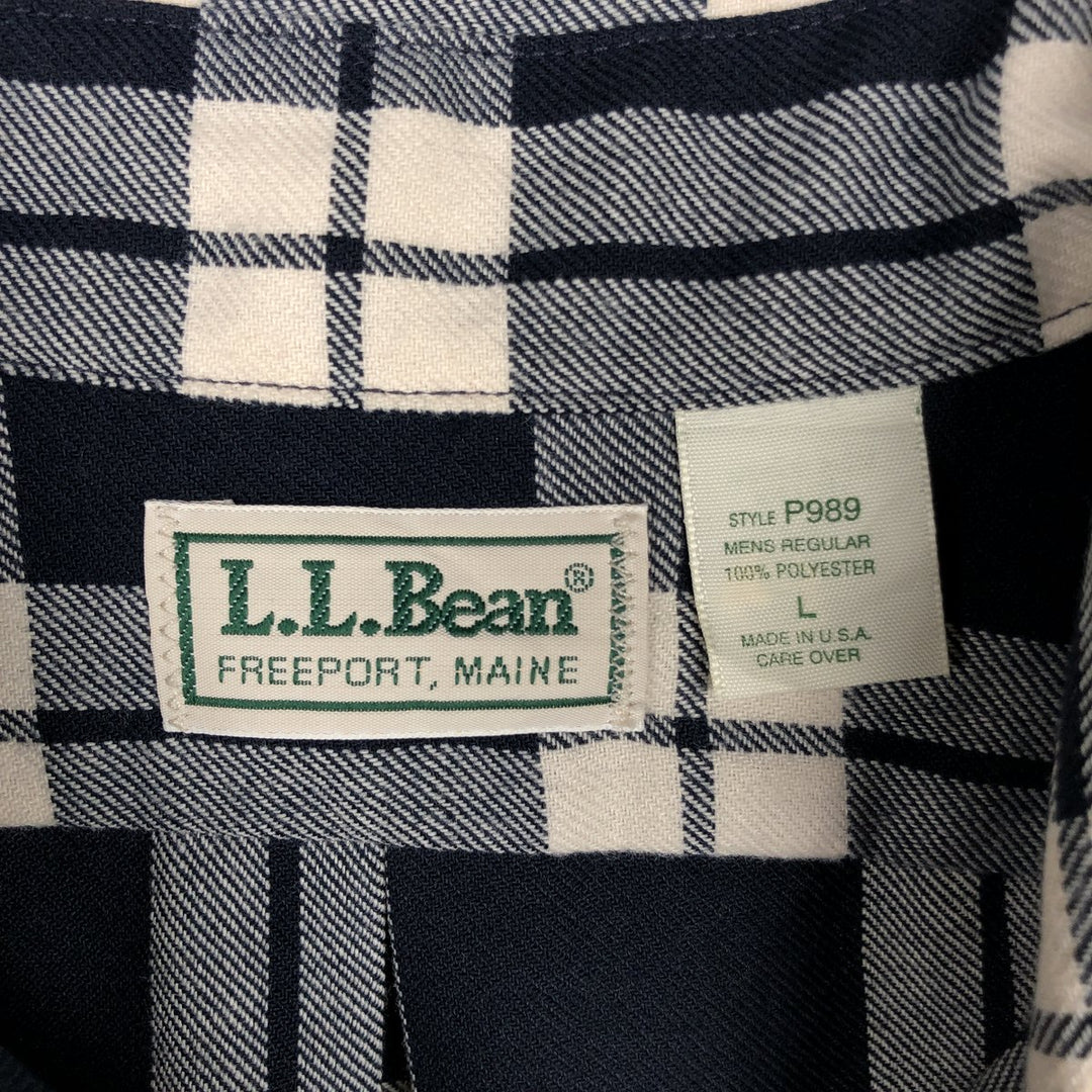 LLBean Check Pattern Long-Sleeve Light Flannel Check Shirt, Made in USA, Men's Size L (approx.) cotton navy blue type Vintage Second Hand