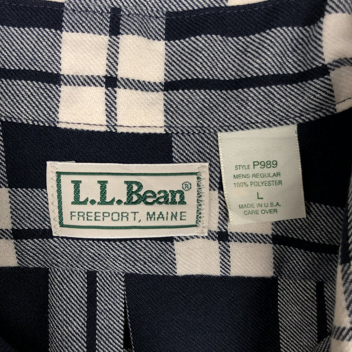 LLBean Check Pattern Long-Sleeve Light Flannel Check Shirt, Made in USA, Men's Size L (approx.) cotton navy blue type Vintage Second Hand