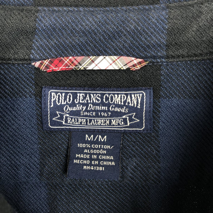 Ralph Lauren Polo Jeans Company long-sleeved light flannel check shirt, men's size M cotton navy blue type Vintage Second Hand