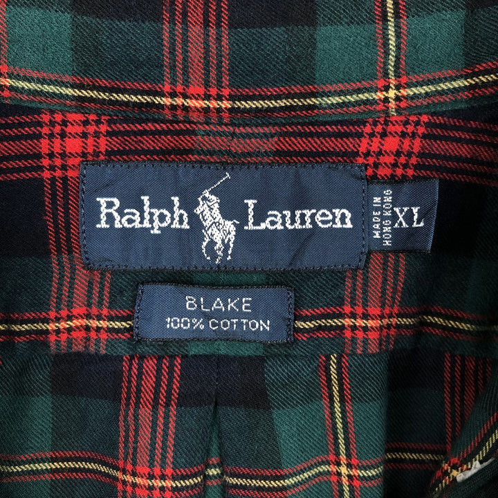 Ralph Lauren BLAKE long-sleeved button-down flannel check shirt, men's size XL cotton green type Vintage Second Hand