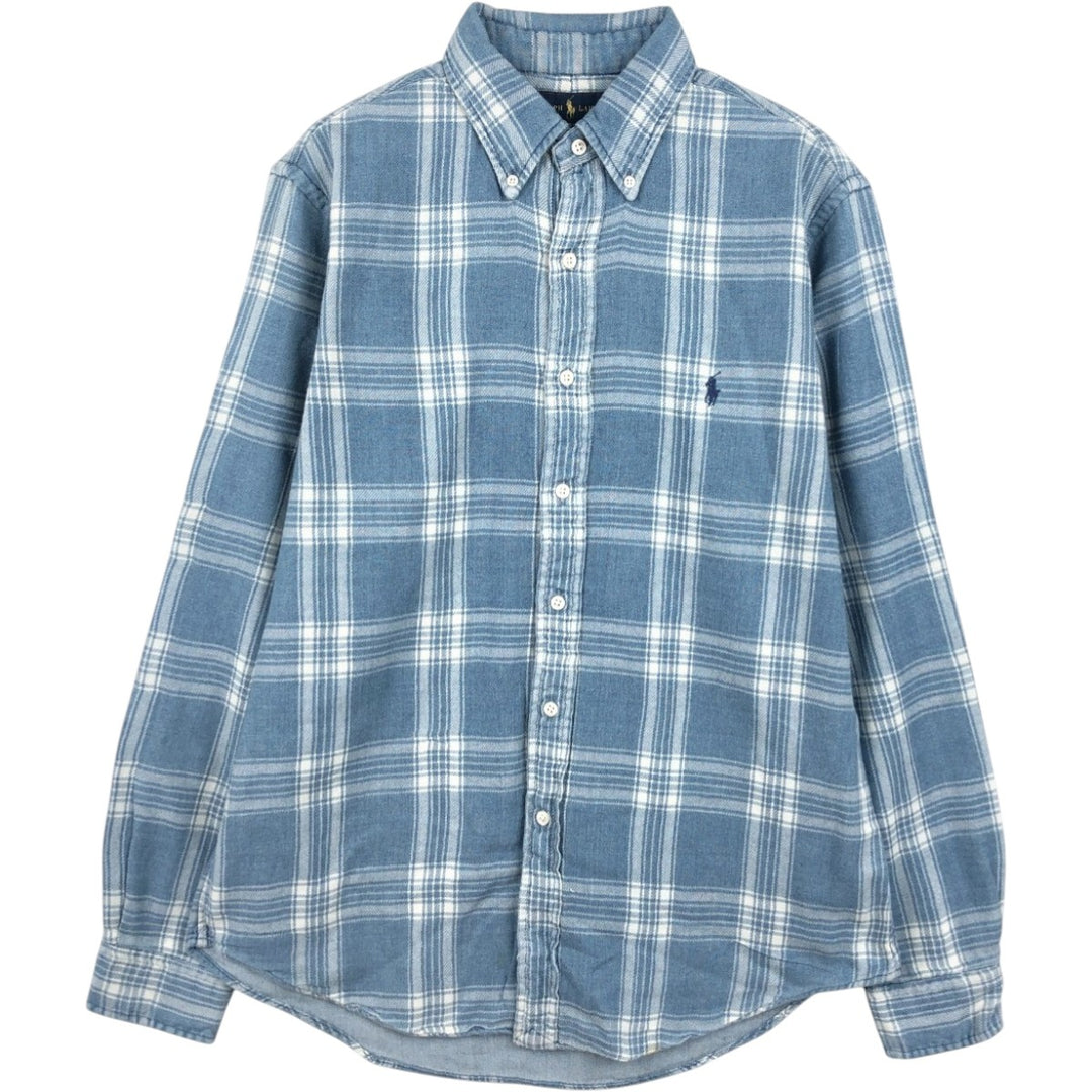 Ralph Lauren long-sleeved button-down light flannel check shirt, men's size M cotton Blue type light blue Vintage Second Hand