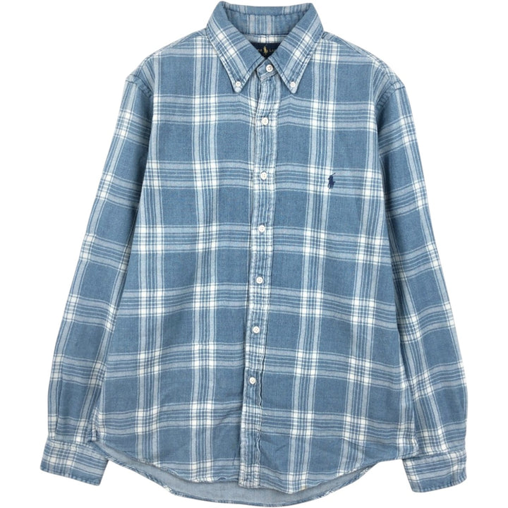 Ralph Lauren long-sleeved button-down light flannel check shirt, men's size M cotton Blue type light blue Vintage Second Hand