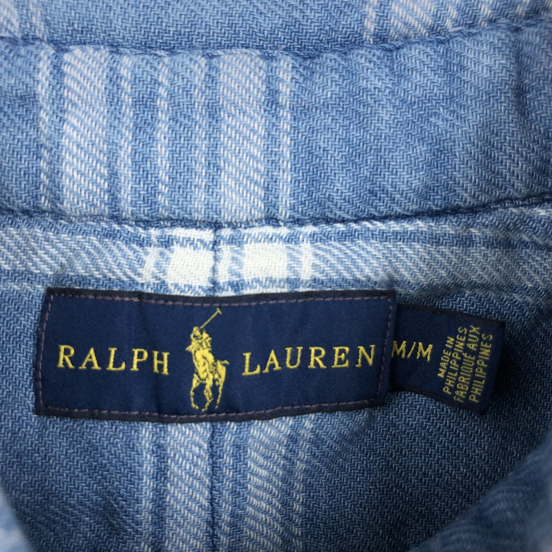 Ralph Lauren long-sleeved button-down light flannel check shirt, men's size M cotton Blue type light blue Vintage Second Hand