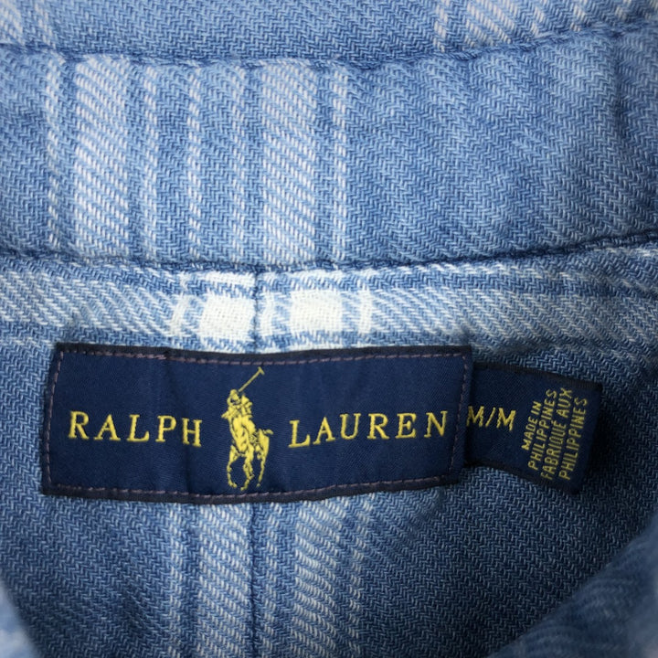 Ralph Lauren long-sleeved button-down light flannel check shirt, men's size M cotton Blue type light blue Vintage Second Hand