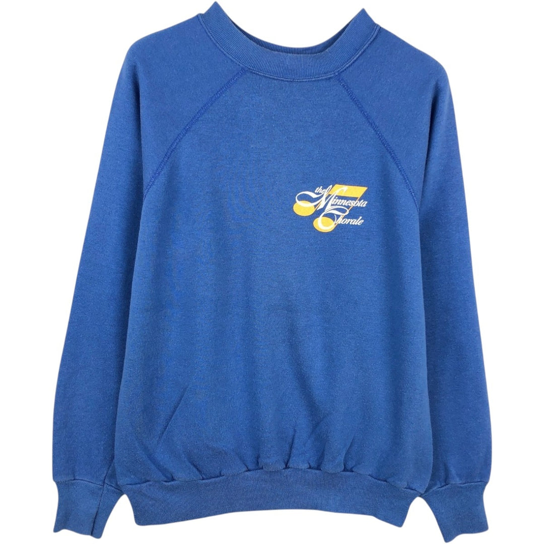 Printed sweatshirt, made in USA, women's size L equivalent. unclear blue type Vintage Second Hand
