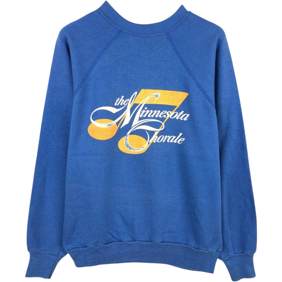 Printed sweatshirt, made in USA, women's size L equivalent. unclear blue type Vintage Second Hand