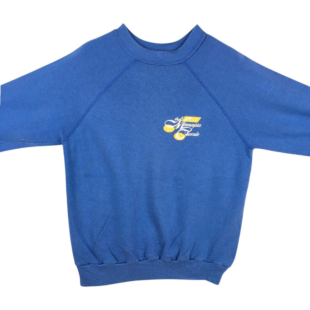 Printed sweatshirt, made in USA, women's size L equivalent. unclear blue type Vintage Second Hand