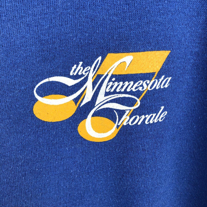 Printed sweatshirt, made in USA, women's size L equivalent. unclear blue type Vintage Second Hand