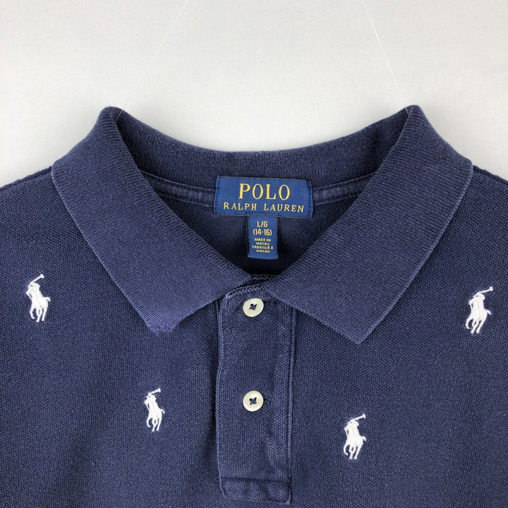Ralph Lauren POLO RALPH LAUREN all-over print short-sleeved polo shirt, women's size M (approx.) cotton navy blue type Vintage Second Hand