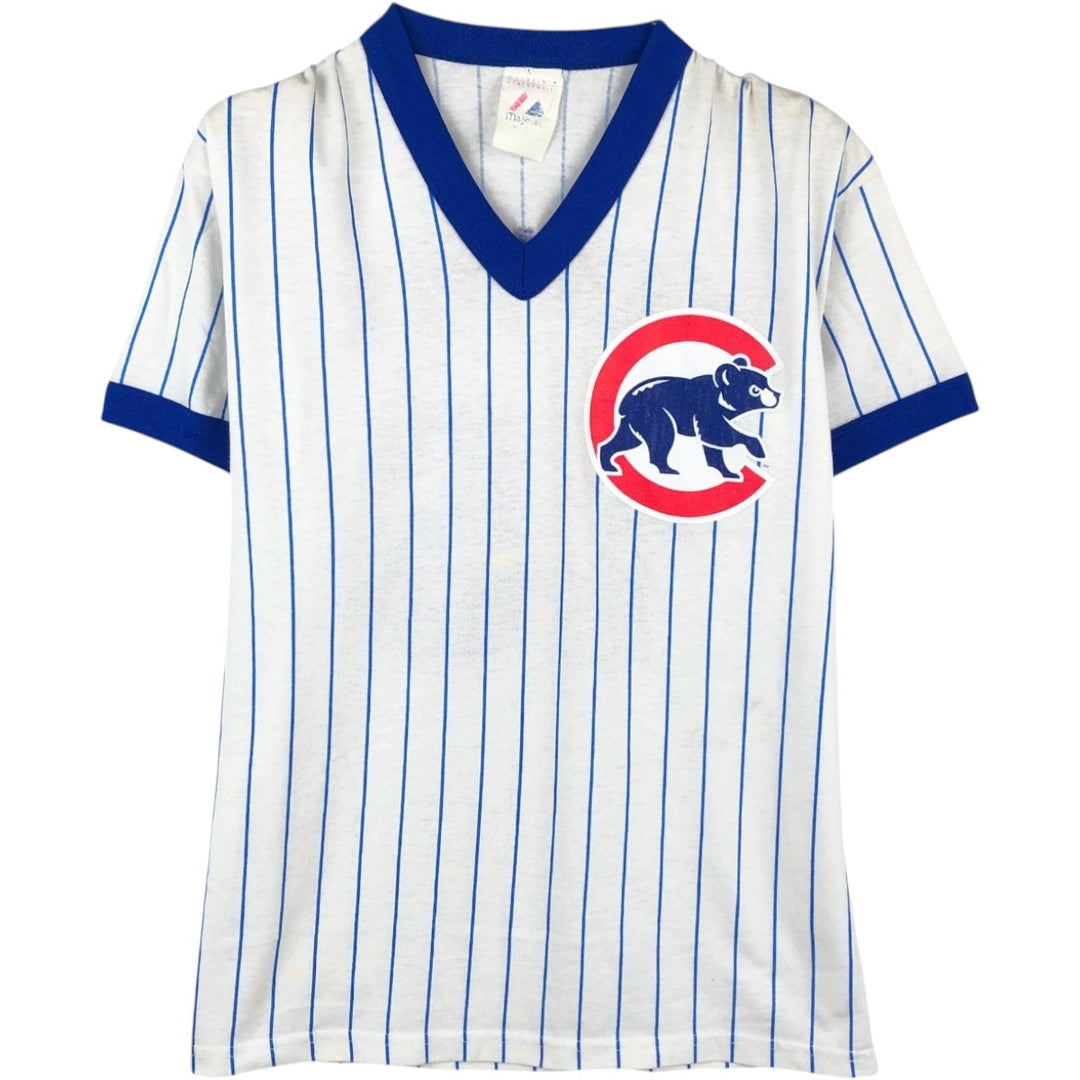 90'S Majestic MLB Chicago Cubs Stripe Pattern V-Neck T-Shirt, Women's Size M (approx.), Vintage cotton white type Vintage Second Hand