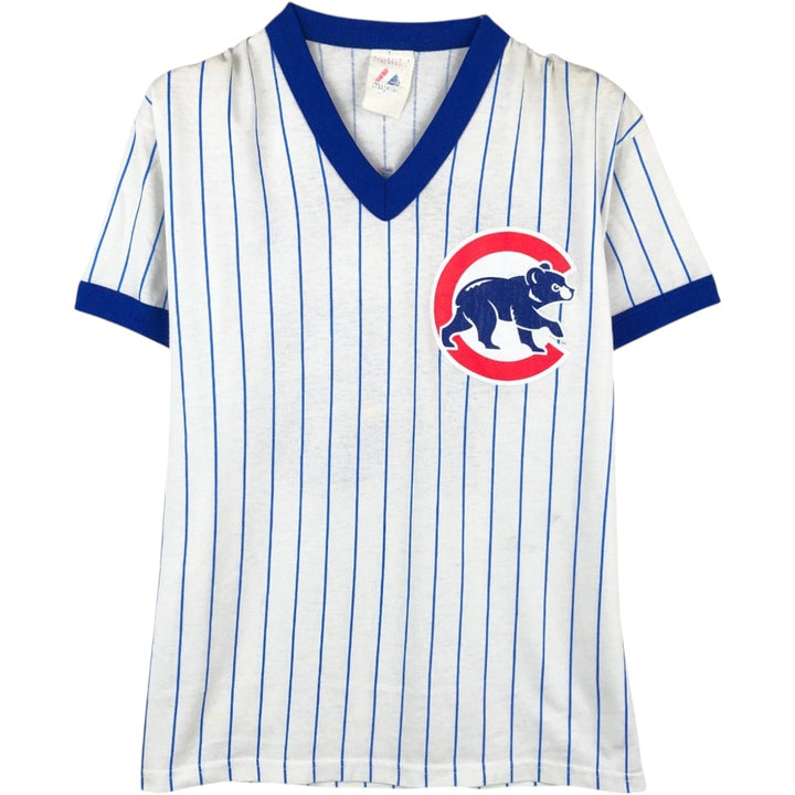 90'S Majestic MLB Chicago Cubs Stripe Pattern V-Neck T-Shirt, Women's Size M (approx.), Vintage cotton white type Vintage Second Hand