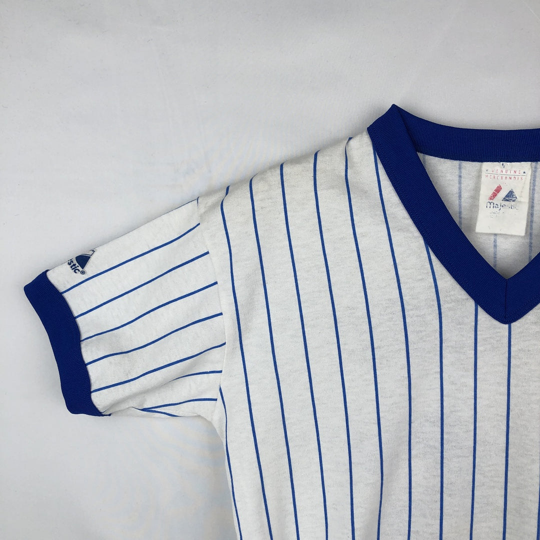 90'S Majestic MLB Chicago Cubs Stripe Pattern V-Neck T-Shirt, Women's Size M (approx.), Vintage cotton white type Vintage Second Hand