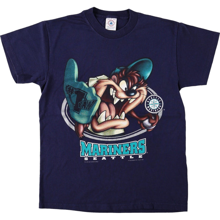 90'S Delta Looney Tunes Tasmanian Devil MLB Seattle Mariners Character Print T-Shirt (Women's Size L) cotton navy blue type Vintage Second Hand