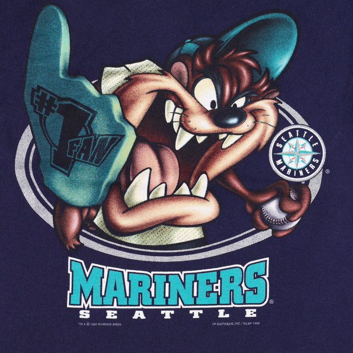 90'S Delta Looney Tunes Tasmanian Devil MLB Seattle Mariners Character Print T-Shirt (Women's Size L) cotton navy blue type Vintage Second Hand