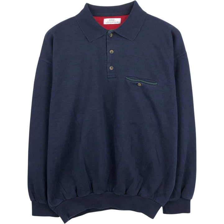 LEISUREWEAR Half-Button Sweatshirt (Men's Size XL) cotton navy blue type Vintage Second Hand