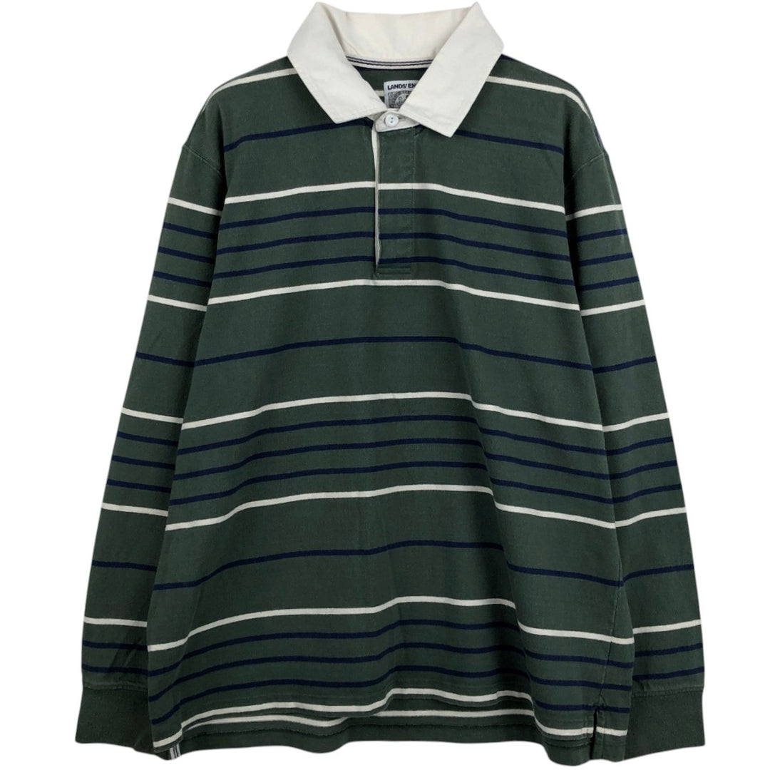 Lands' End Border Pattern Multi-Border Long-Sleeve Rugby Shirt, Men's Size XL (approx.) cotton green type Vintage Second Hand