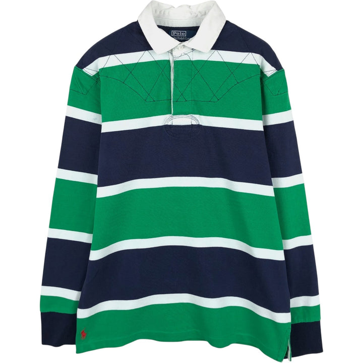 Ralph Lauren POLO by Ralph Lauren CUSTOM FIT Border Pattern Multi-stripe Long-Sleeve Rugby Shirt, Men's Size M (approx.) cotton green type Vintage Second Hand