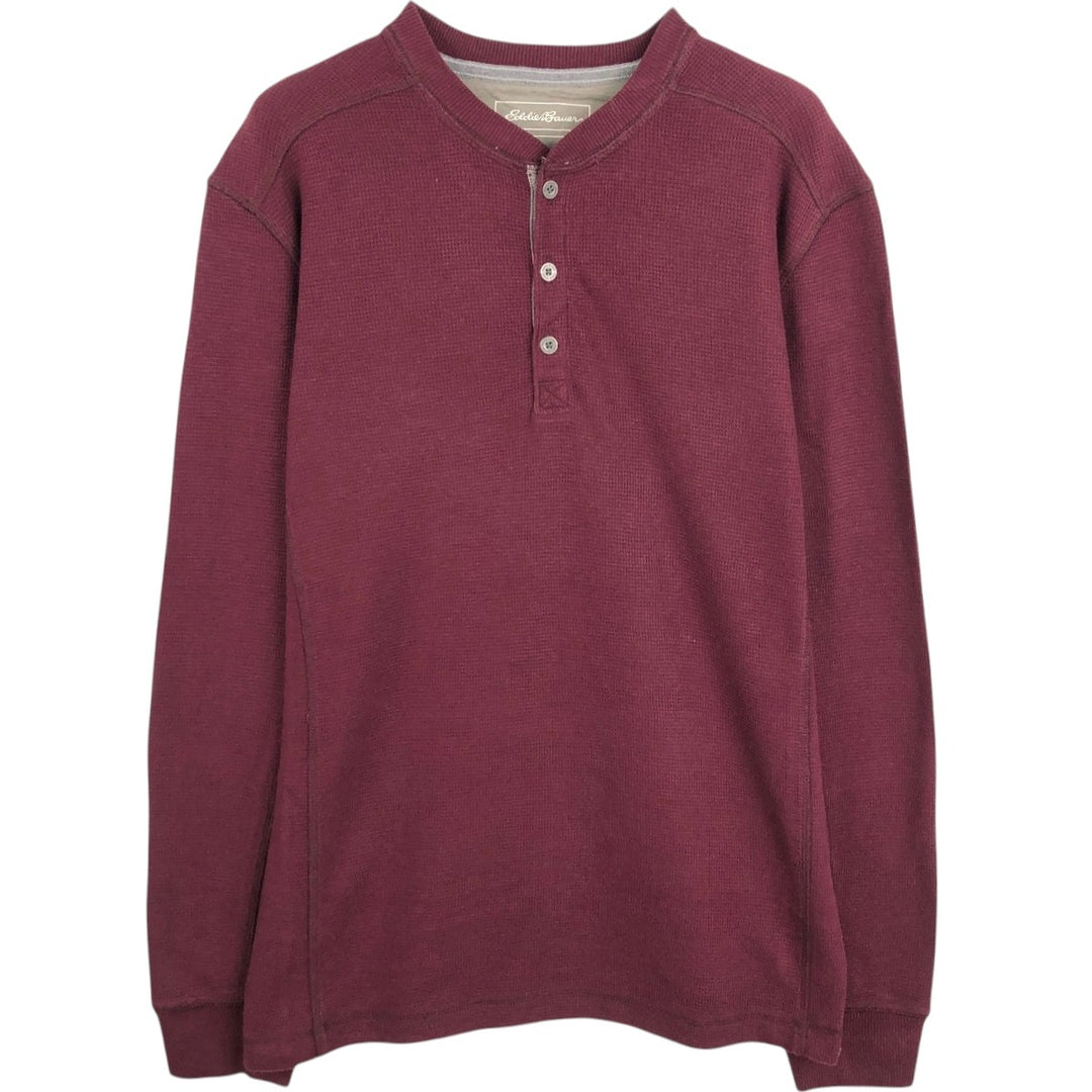 Eddie Bauer Henley Neck Thermal Long T-Shirt Waffle Men's M Size cotton Red type red-purple Vintage Second Hand