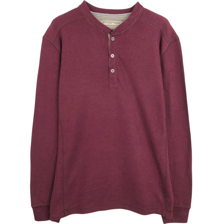 Eddie Bauer Henley Neck Thermal Long T-Shirt Waffle Men's M Size cotton Red type red-purple Vintage Second Hand