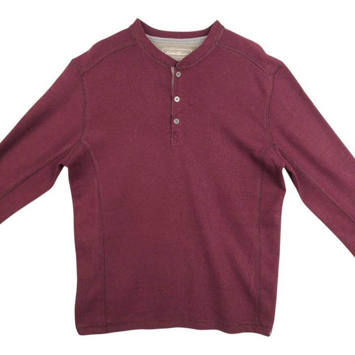 Eddie Bauer Henley Neck Thermal Long T-Shirt Waffle Men's M Size cotton Red type red-purple Vintage Second Hand