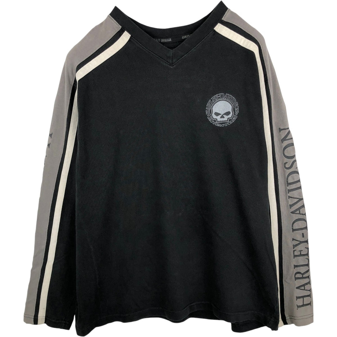 Harley-Davidson Skull Pattern V-Neck Long-Sleeve T-Shirt (Men's XL equivalent) unclear black type Vintage Second Hand