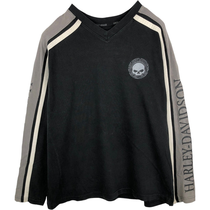 Harley-Davidson Skull Pattern V-Neck Long-Sleeve T-Shirt (Men's XL equivalent) unclear black type Vintage Second Hand
