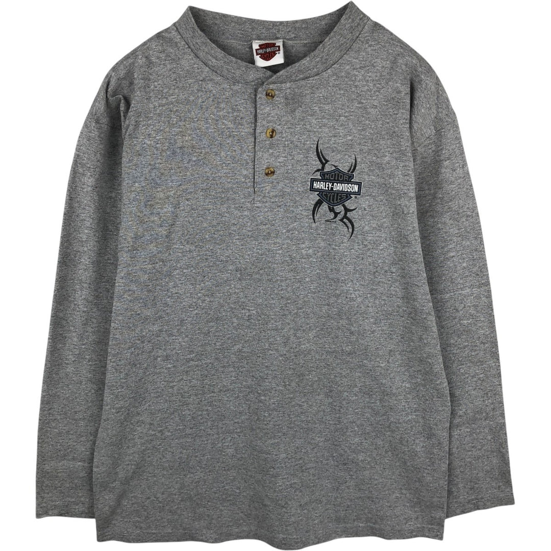 2000'S Harley-Davidson American flag pattern Henley neck long-sleeve T-shirt, made in USA, men's size L equivalent. unclear gray type Vintage Second Hand