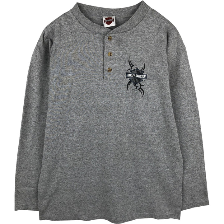 2000'S Harley-Davidson American flag pattern Henley neck long-sleeve T-shirt, made in USA, men's size L equivalent. unclear gray type Vintage Second Hand