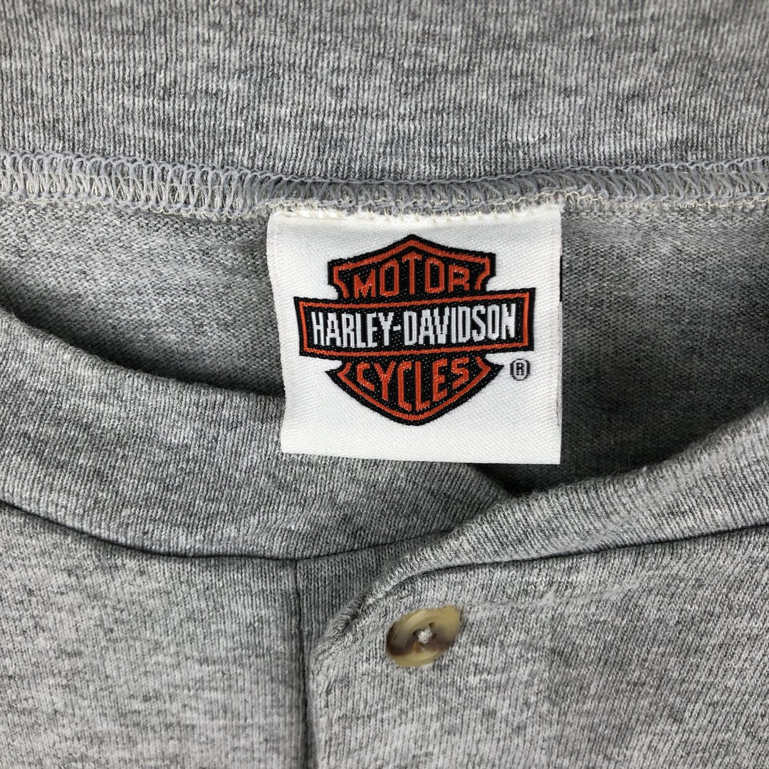 2000'S Harley-Davidson American flag pattern Henley neck long-sleeve T-shirt, made in USA, men's size L equivalent. unclear gray type Vintage Second Hand
