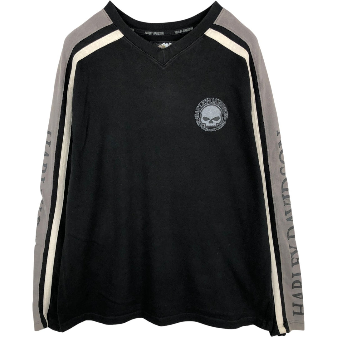 Harley-Davidson Skull Pattern V-Neck Long-Sleeve T-Shirt (Men's XL equivalent) cotton black type Vintage Second Hand