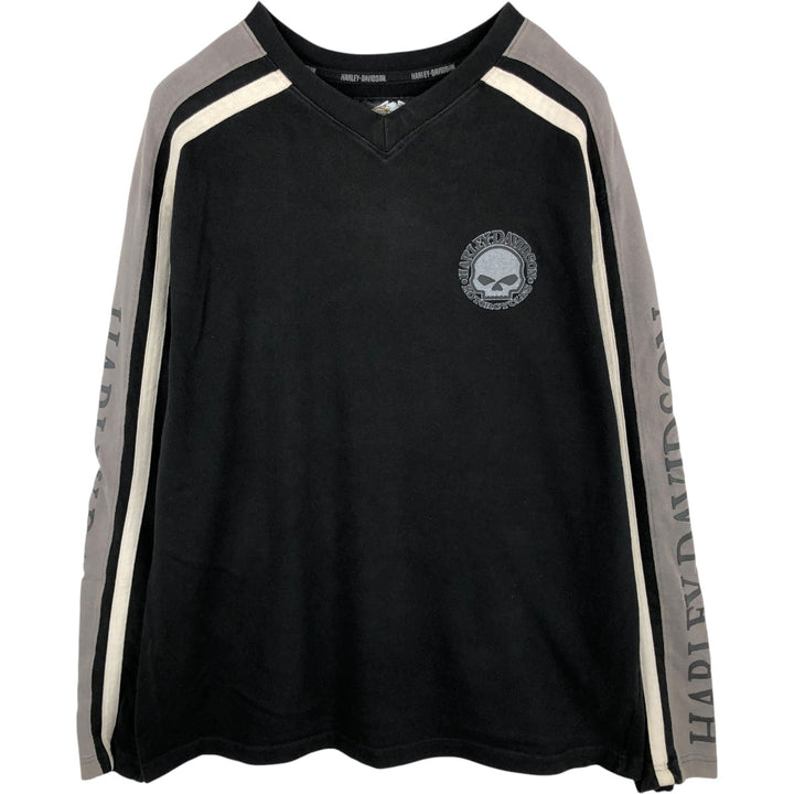 Harley-Davidson Skull Pattern V-Neck Long-Sleeve T-Shirt (Men's XL equivalent) cotton black type Vintage Second Hand