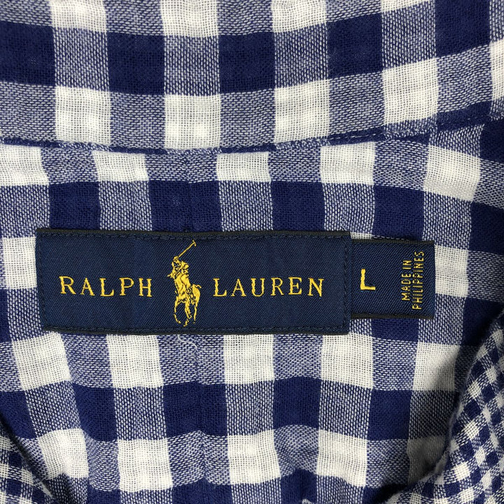 Ralph Lauren Gingham Check Long Sleeve Button-Down Check Shirt, Men's Size L cotton blue type Vintage Second Hand