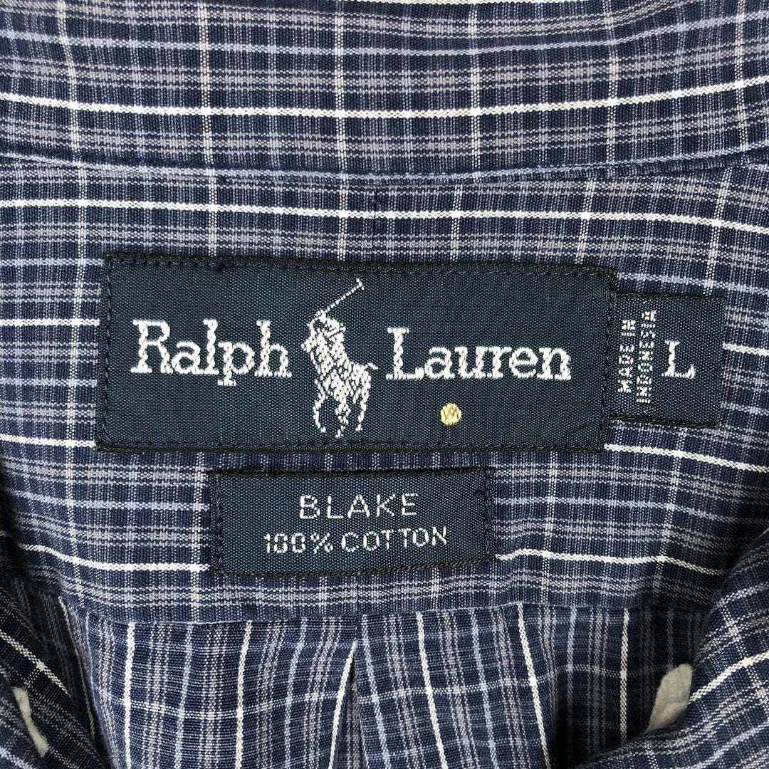 Ralph Lauren BLAKE long sleeve button down check shirt, men's size L cotton navy blue type Vintage Second Hand