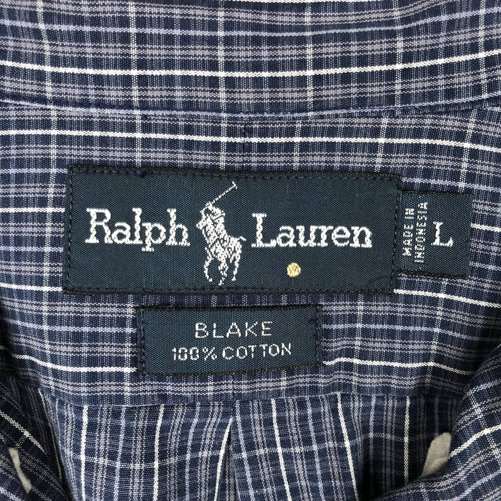Ralph Lauren BLAKE long sleeve button down check shirt, men's size L cotton navy blue type Vintage Second Hand