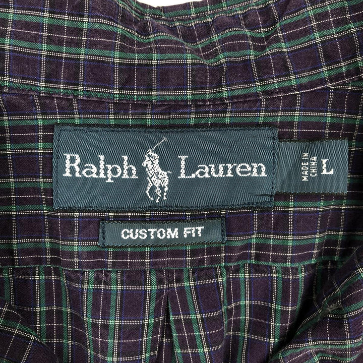 Ralph Lauren CUSTOM FIT long sleeve button down check shirt, men's size L cotton navy blue type Vintage Second Hand