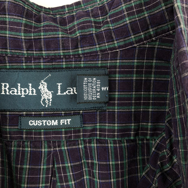 Ralph Lauren CUSTOM FIT long sleeve button down check shirt, men's size L cotton navy blue type Vintage Second Hand