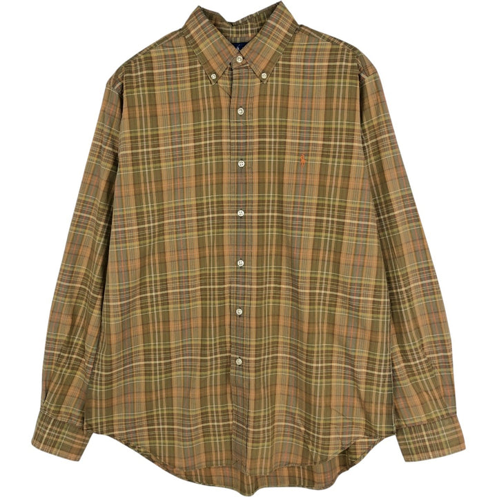 Ralph Lauren Classic Fit Long Sleeve Button Down Check Shirt, Men's Size L cotton beige type brown Vintage Second Hand