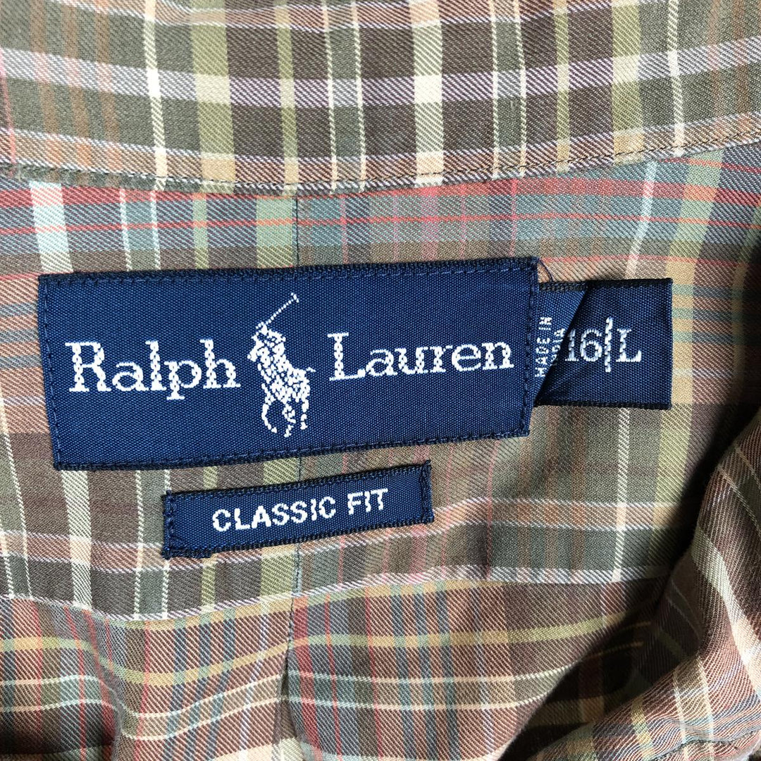 Ralph Lauren Classic Fit Long Sleeve Button Down Check Shirt, Men's Size L cotton beige type brown Vintage Second Hand