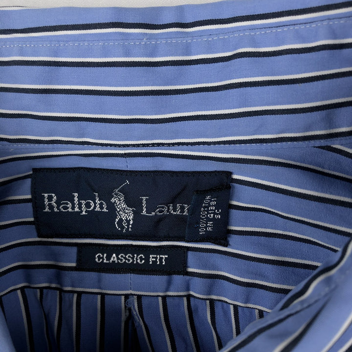 Ralph Lauren Classic Fit short sleeve button down striped shirt, men's XL size cotton Blue type light blue Vintage Second Hand