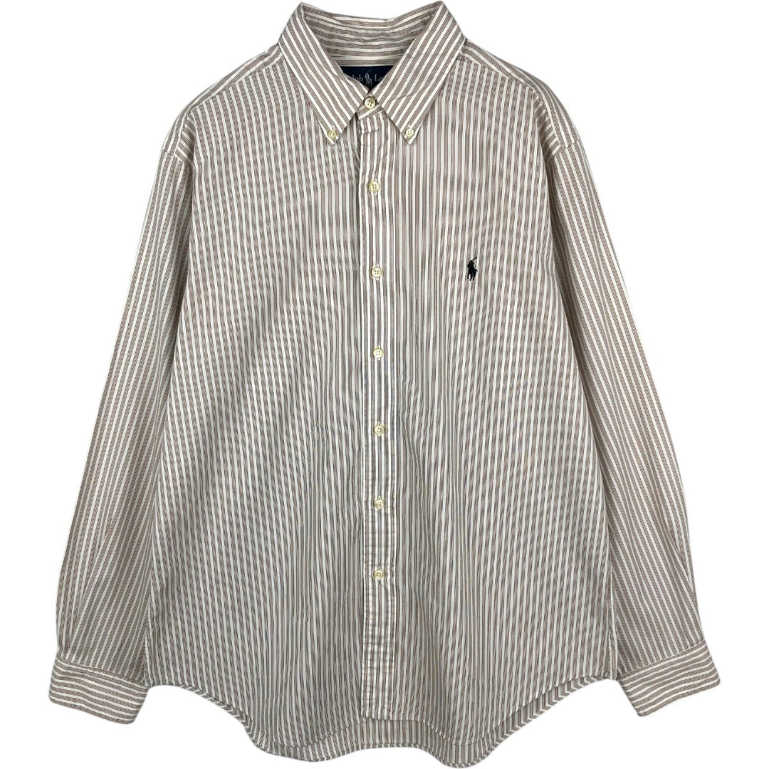 Ralph Lauren Classic Fit Multi Stripe Long Sleeve Button Down Striped Shirt Men's Size L cotton beige type brown Vintage Second Hand