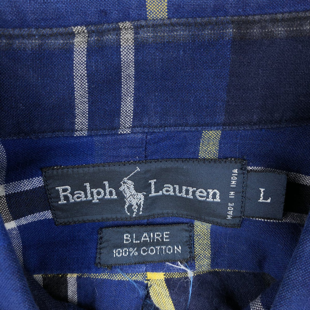 Ralph Lauren BLAIRE long sleeve button down check shirt, men's size L cotton blue type Vintage Second Hand