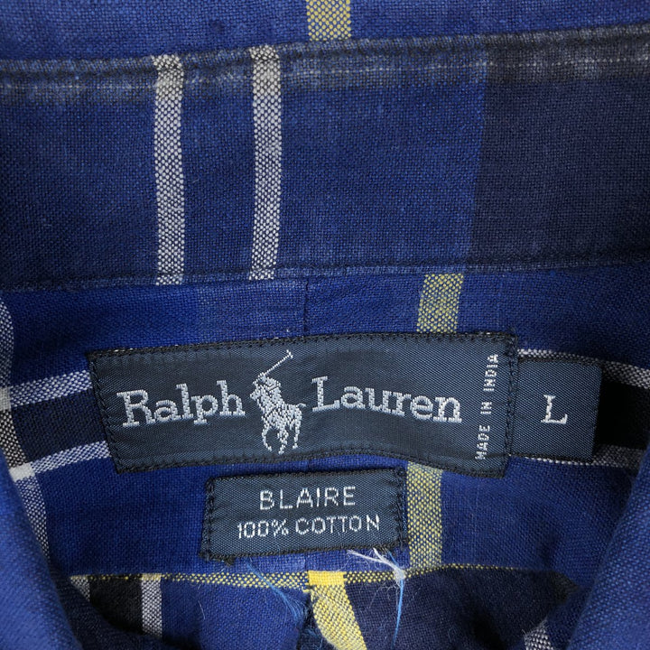 Ralph Lauren BLAIRE long sleeve button down check shirt, men's size L cotton blue type Vintage Second Hand