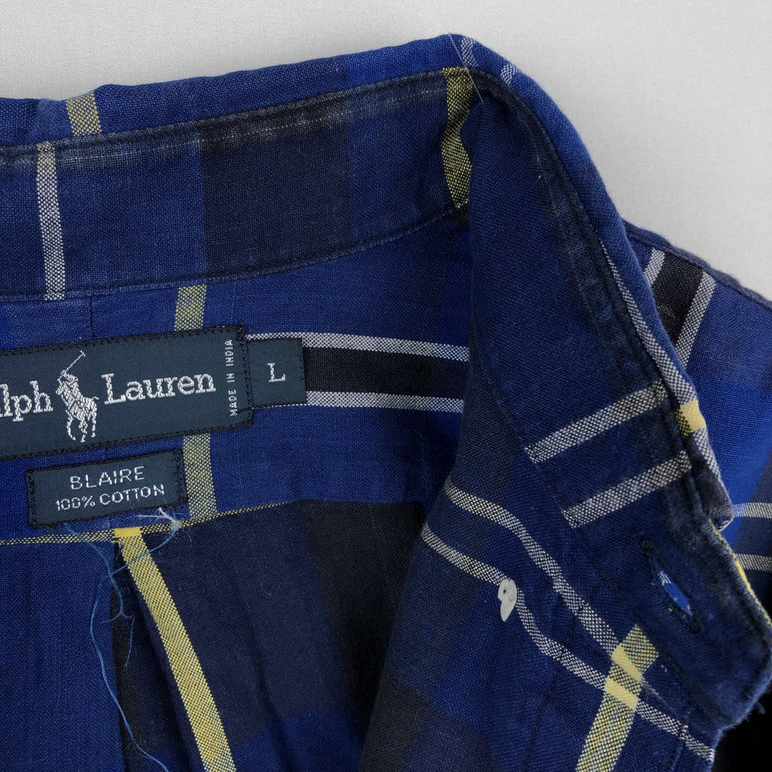 Ralph Lauren BLAIRE long sleeve button down check shirt, men's size L cotton blue type Vintage Second Hand