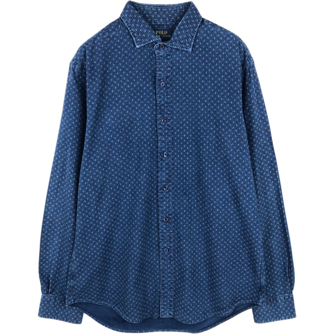 Ralph Lauren SLIM FIT Slim Fit All-Over Print Wide Collar Long Sleeve Cotton Shirt (Men's Size L) cotton blue type Vintage Second Hand