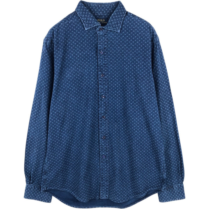 Ralph Lauren SLIM FIT Slim Fit All-Over Print Wide Collar Long Sleeve Cotton Shirt (Men's Size L) cotton blue type Vintage Second Hand