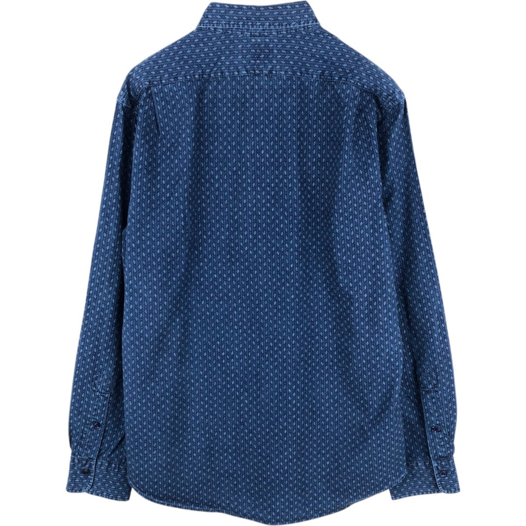 Ralph Lauren SLIM FIT Slim Fit All-Over Print Wide Collar Long Sleeve Cotton Shirt (Men's Size L) cotton blue type Vintage Second Hand
