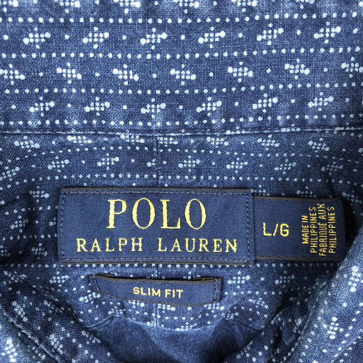 Ralph Lauren SLIM FIT Slim Fit All-Over Print Wide Collar Long Sleeve Cotton Shirt (Men's Size L) cotton blue type Vintage Second Hand