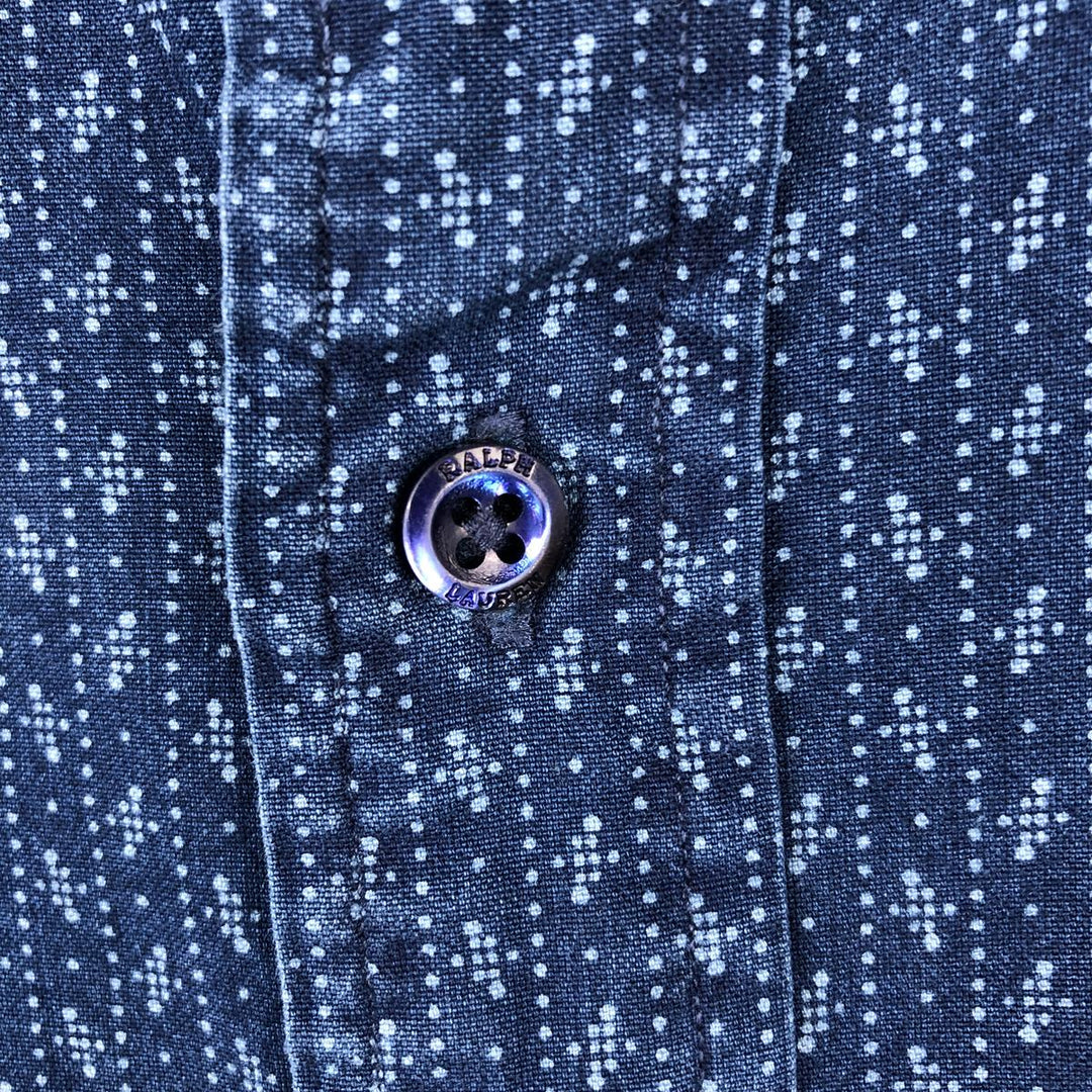 Ralph Lauren SLIM FIT Slim Fit All-Over Print Wide Collar Long Sleeve Cotton Shirt (Men's Size L) cotton blue type Vintage Second Hand