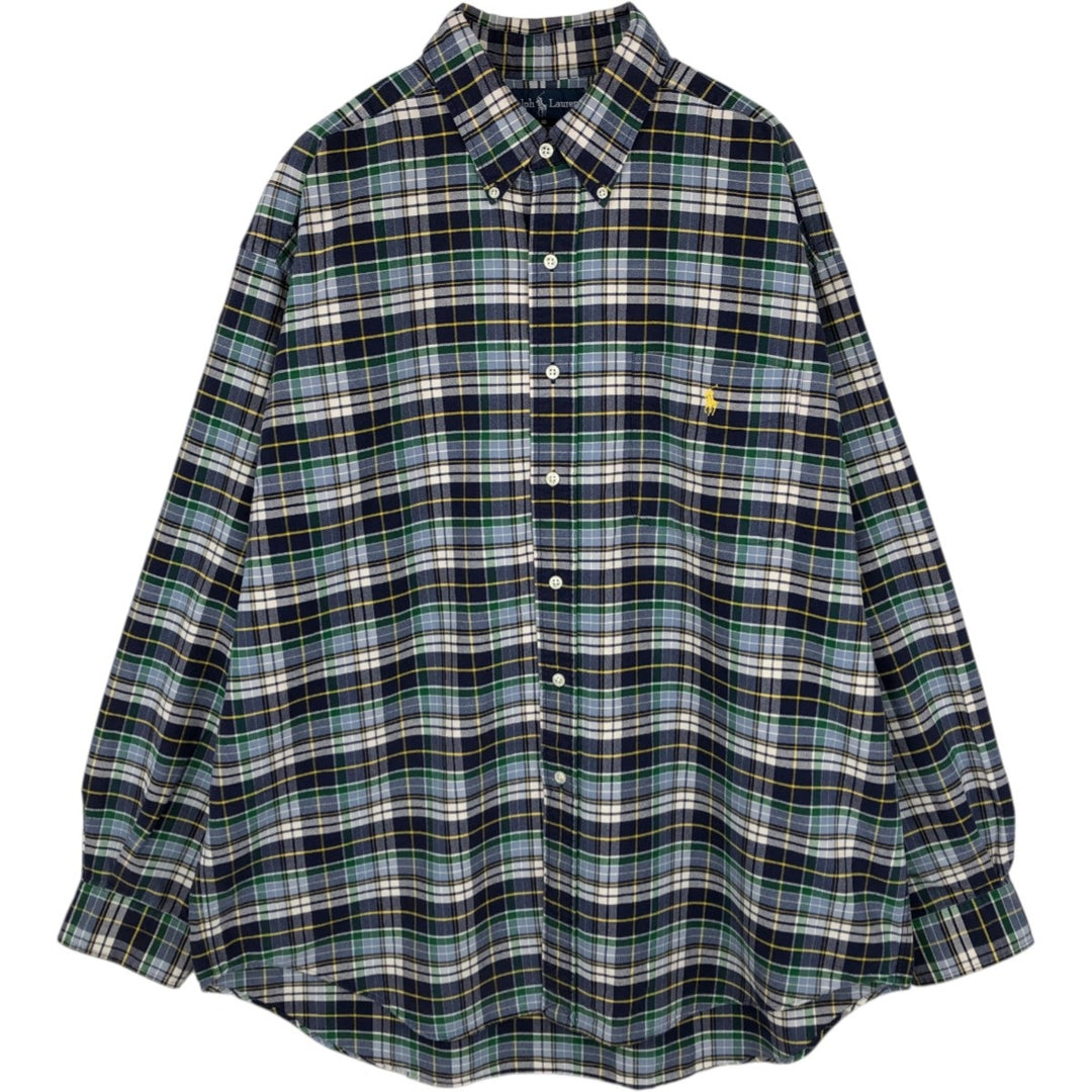 Ralph Lauren BIG SHIRT Long sleeve button-down check shirt Men's L size cotton navy blue type Vintage Second Hand