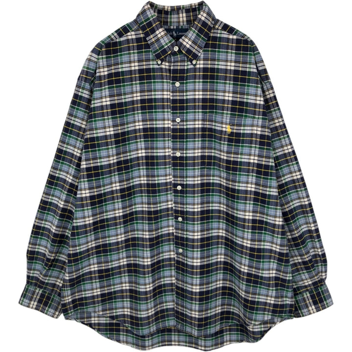 Ralph Lauren BIG SHIRT Long sleeve button-down check shirt Men's L size cotton navy blue type Vintage Second Hand